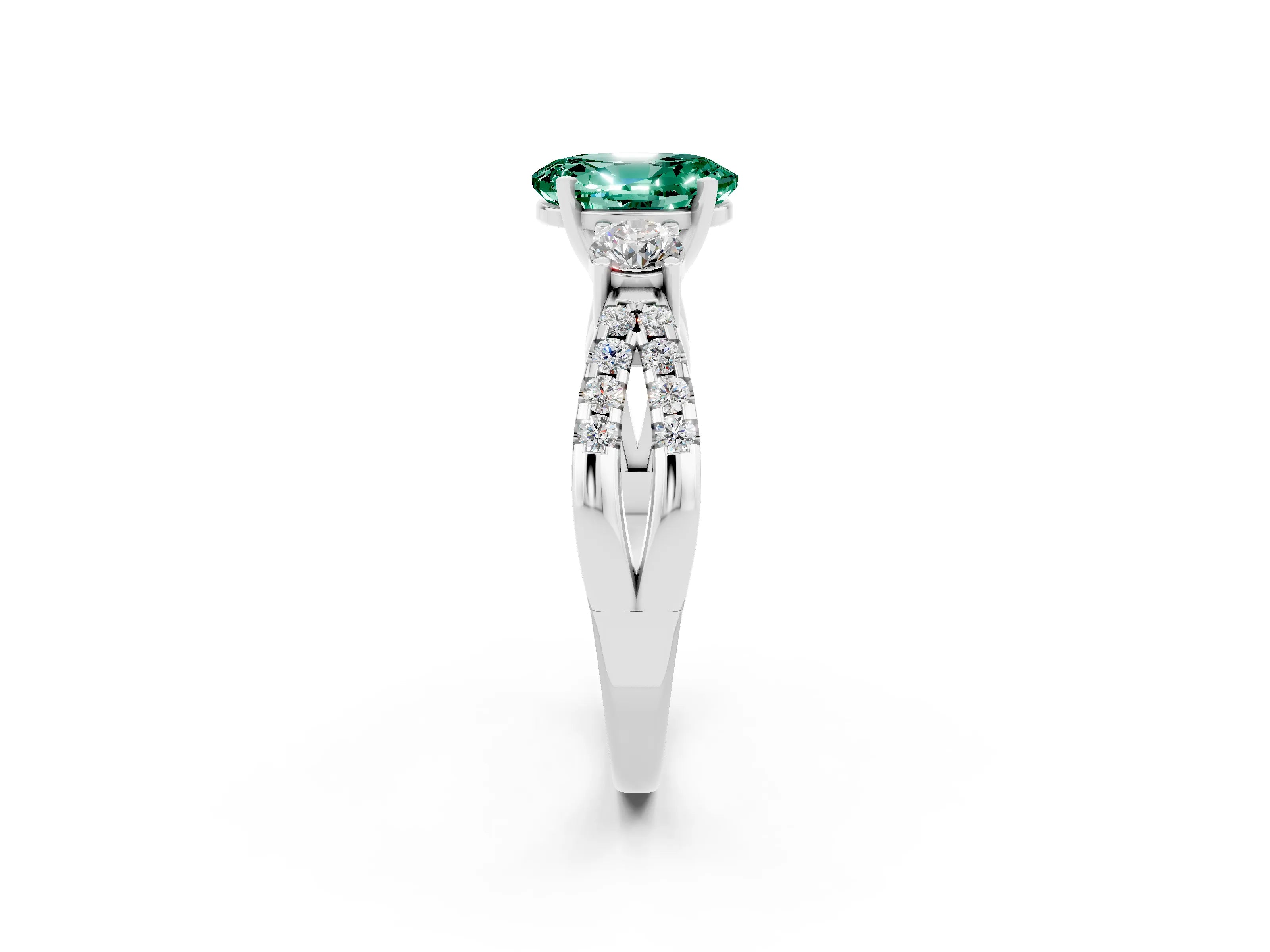 White gold Oval Cut Green Sapphire Three-Stone Ring with Pavé Split Shank and Four-Prong Setting_14