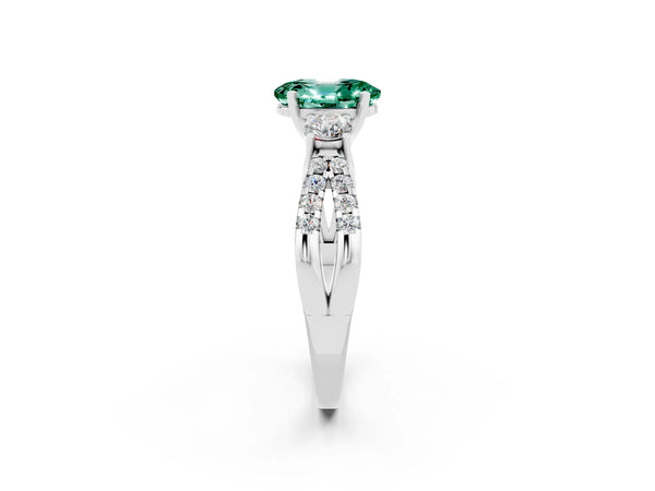 Silver Oval Cut Green Sapphire Three-Stone Ring with Pavé Split Shank and Four-Prong Setting