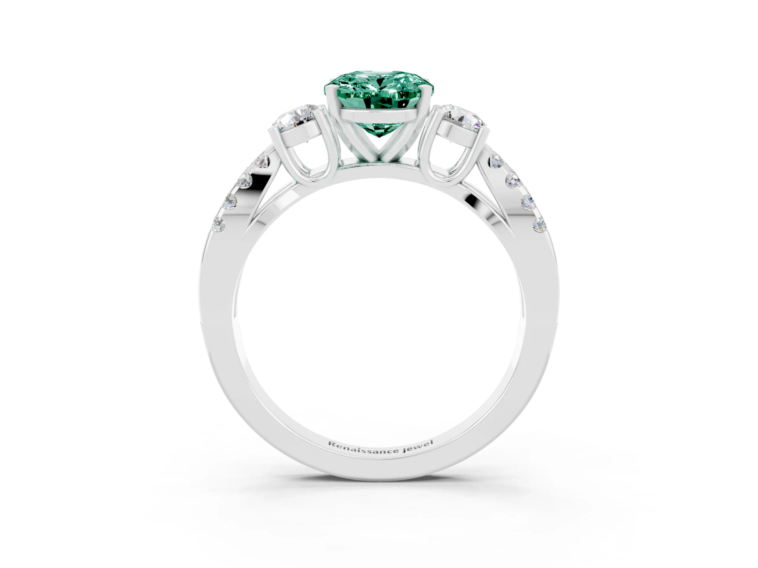 White gold Oval Cut Green Sapphire Three-Stone Ring with Pavé Split Shank and Four-Prong Setting_15