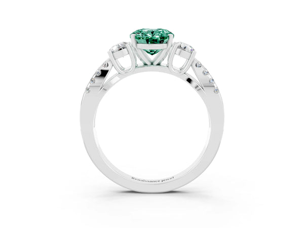 Platinum Oval Cut Green Sapphire Three-Stone Ring with Pavé Split Shank and Four-Prong Setting