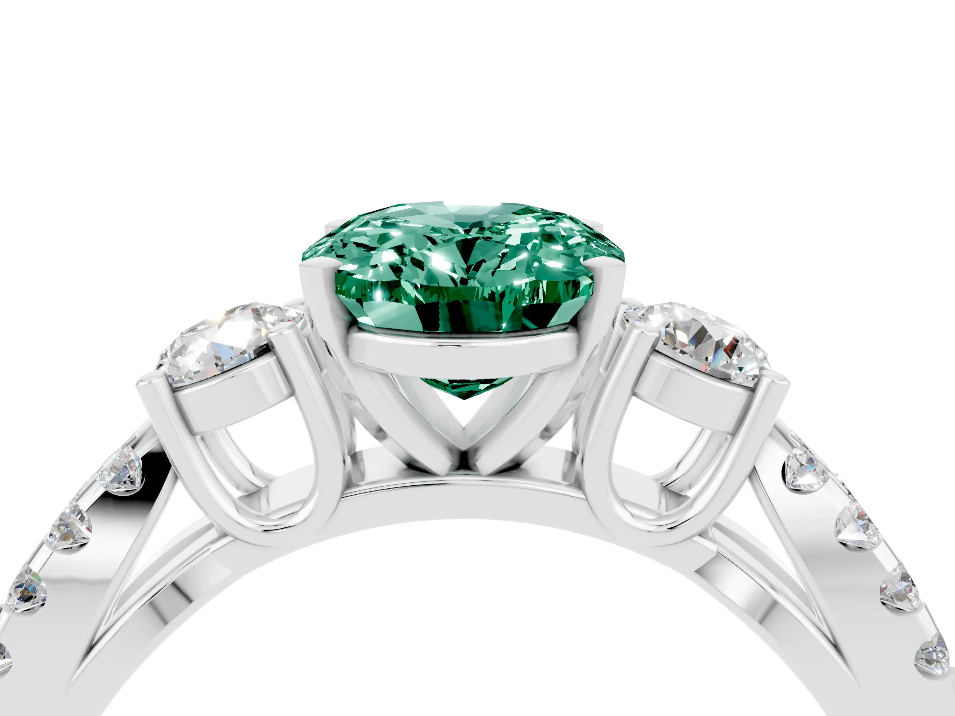 White gold Oval Cut Green Sapphire Three-Stone Ring with Pavé Split Shank and Four-Prong Setting_16