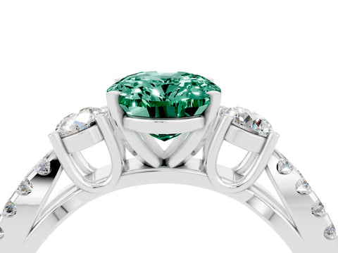 White gold Oval Cut Green Sapphire Three-Stone Ring with Pavé Split Shank and Four-Prong Setting_16
