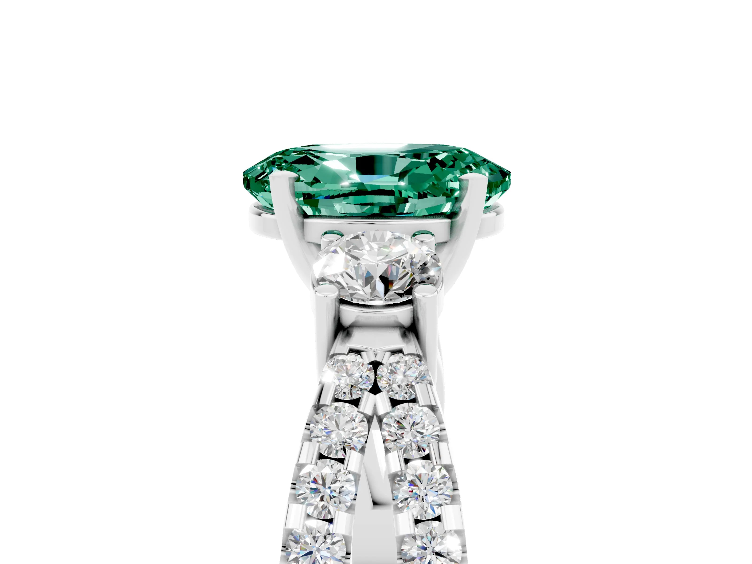 White gold Oval Cut Green Sapphire Three-Stone Ring with Pavé Split Shank and Four-Prong Setting_17