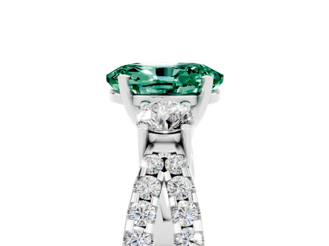 White gold Oval Cut Green Sapphire Three-Stone Ring with Pavé Split Shank and Four-Prong Setting_17