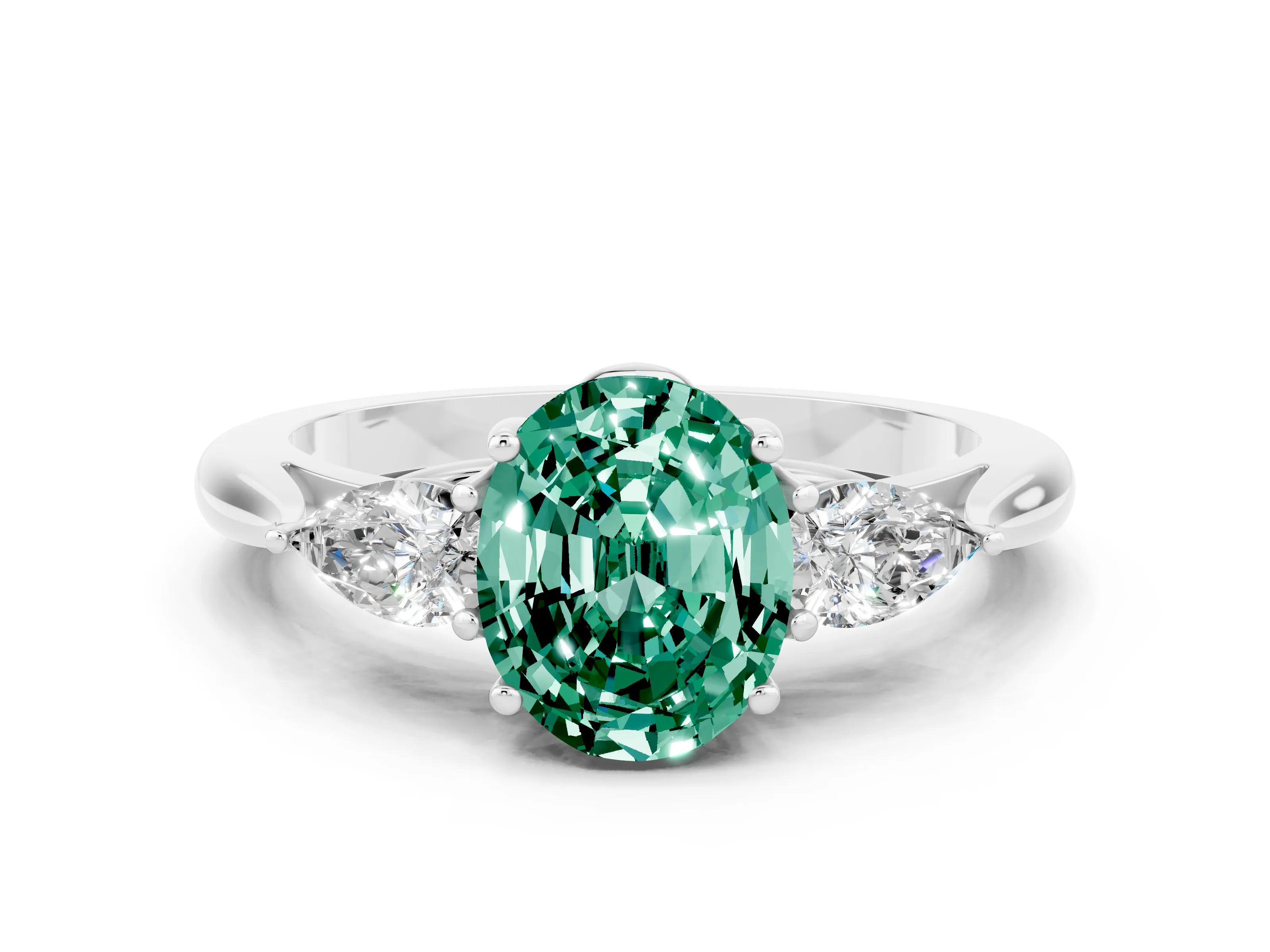 White gold Oval Cut Green Sapphire Three-Stone Ring with Pear Side Stones and Four-Prong Setting_12