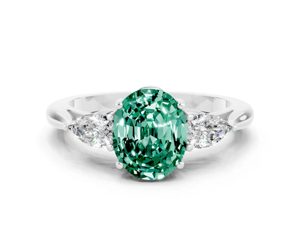 White gold Oval Cut Green Sapphire Three-Stone Ring with Pear  Side Stones and Prong Setting