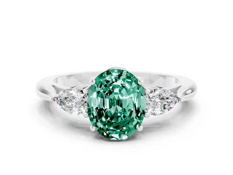 White gold Oval Cut Green Sapphire Three-Stone Ring with Pear Side Stones and Four-Prong Setting_12
