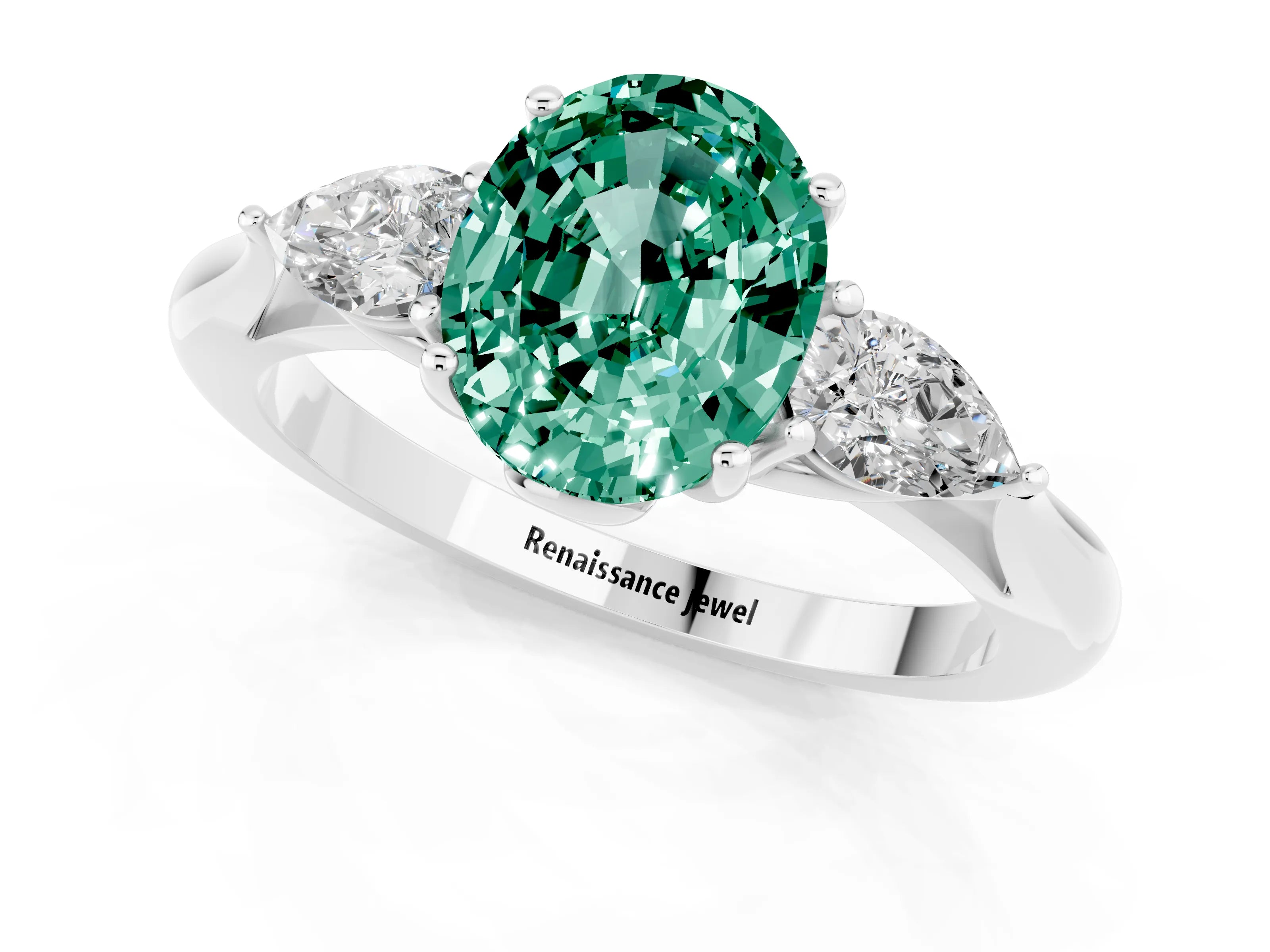 White gold Oval Cut Green Sapphire Three-Stone Ring with Pear Side Stones and Four-Prong Setting_13