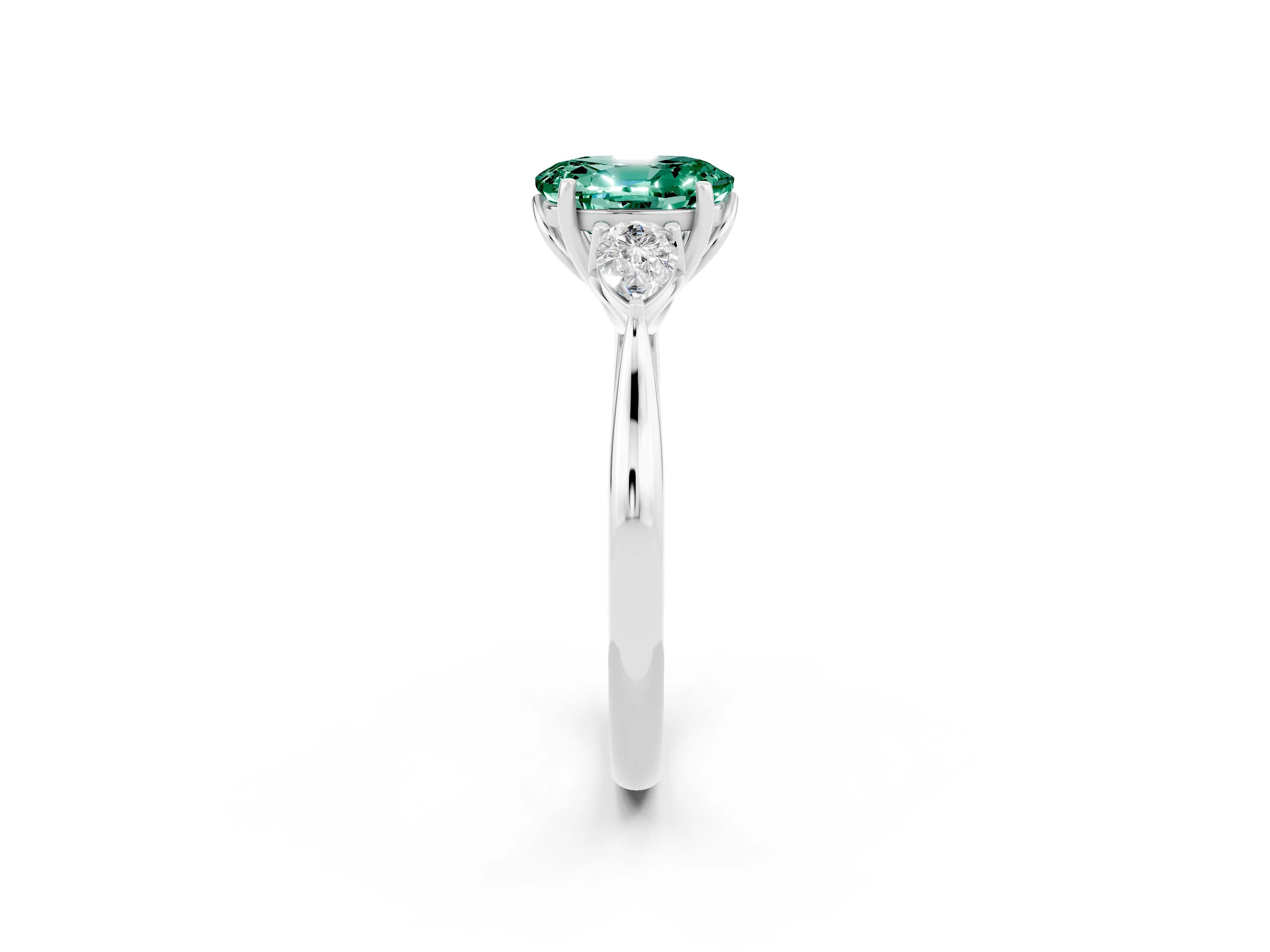 White gold Oval Cut Green Sapphire Three-Stone Ring with Pear Side Stones and Four-Prong Setting_14