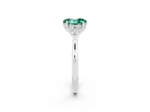 Silver Oval Cut Green Sapphire Three-Stone Ring with Pear  Side Stones and Prong Setting