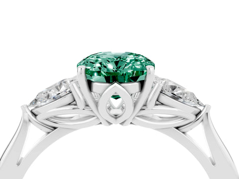 White gold Oval Cut Green Sapphire Three-Stone Ring with Pear Side Stones and Four-Prong Setting_16