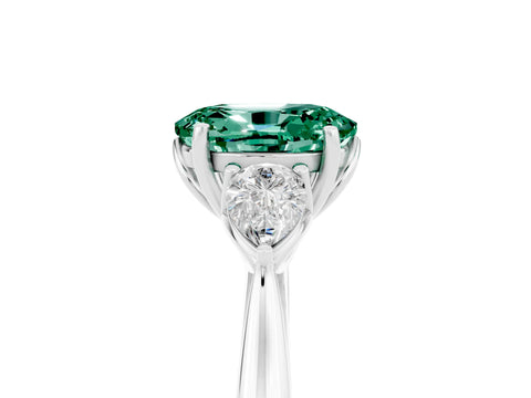White gold Oval Cut Green Sapphire Three-Stone Ring with Pear Side Stones and Four-Prong Setting_17