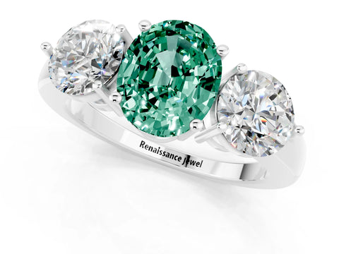 White gold Oval Cut Green Sapphire Three-Stone Ring with Prong Setting and Classic Band_1