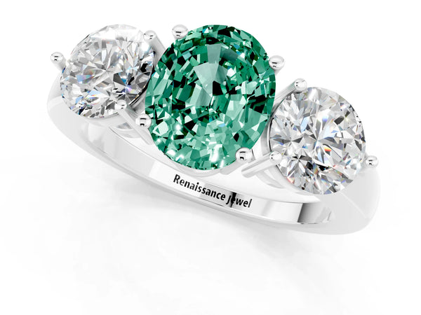 Silver Oval Cut Green Sapphire Three-Stone Ring with Prong Setting and Classic Band