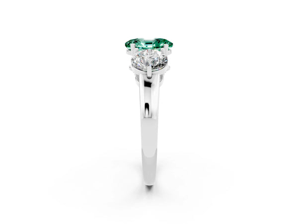 Silver Oval Cut Green Sapphire Three-Stone Ring with Prong Setting and Classic Band