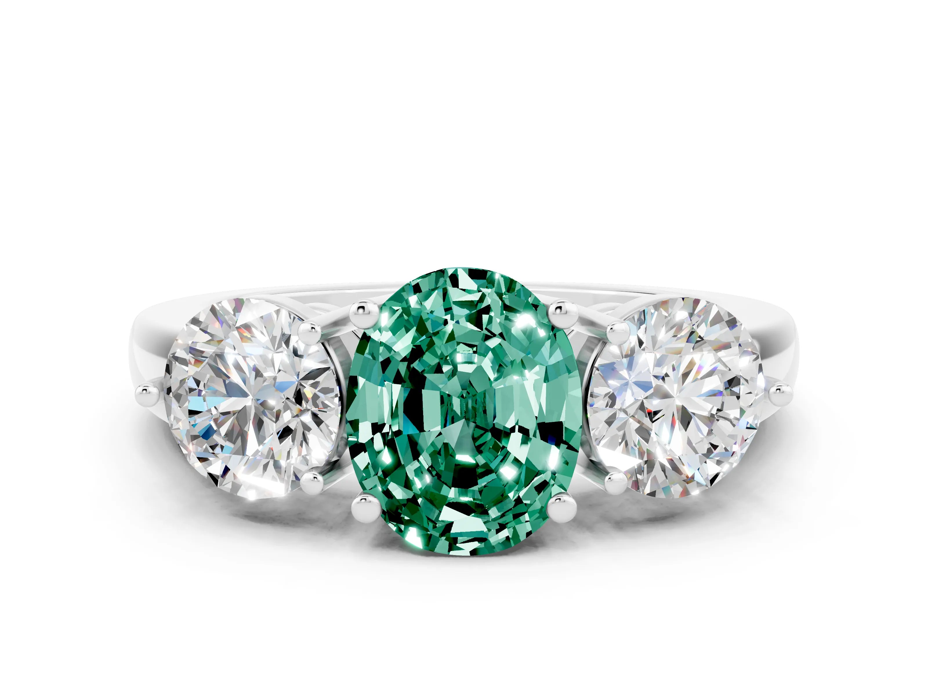 White gold Oval Cut Green Sapphire Three-Stone Ring with Prong Setting and Classic Band
