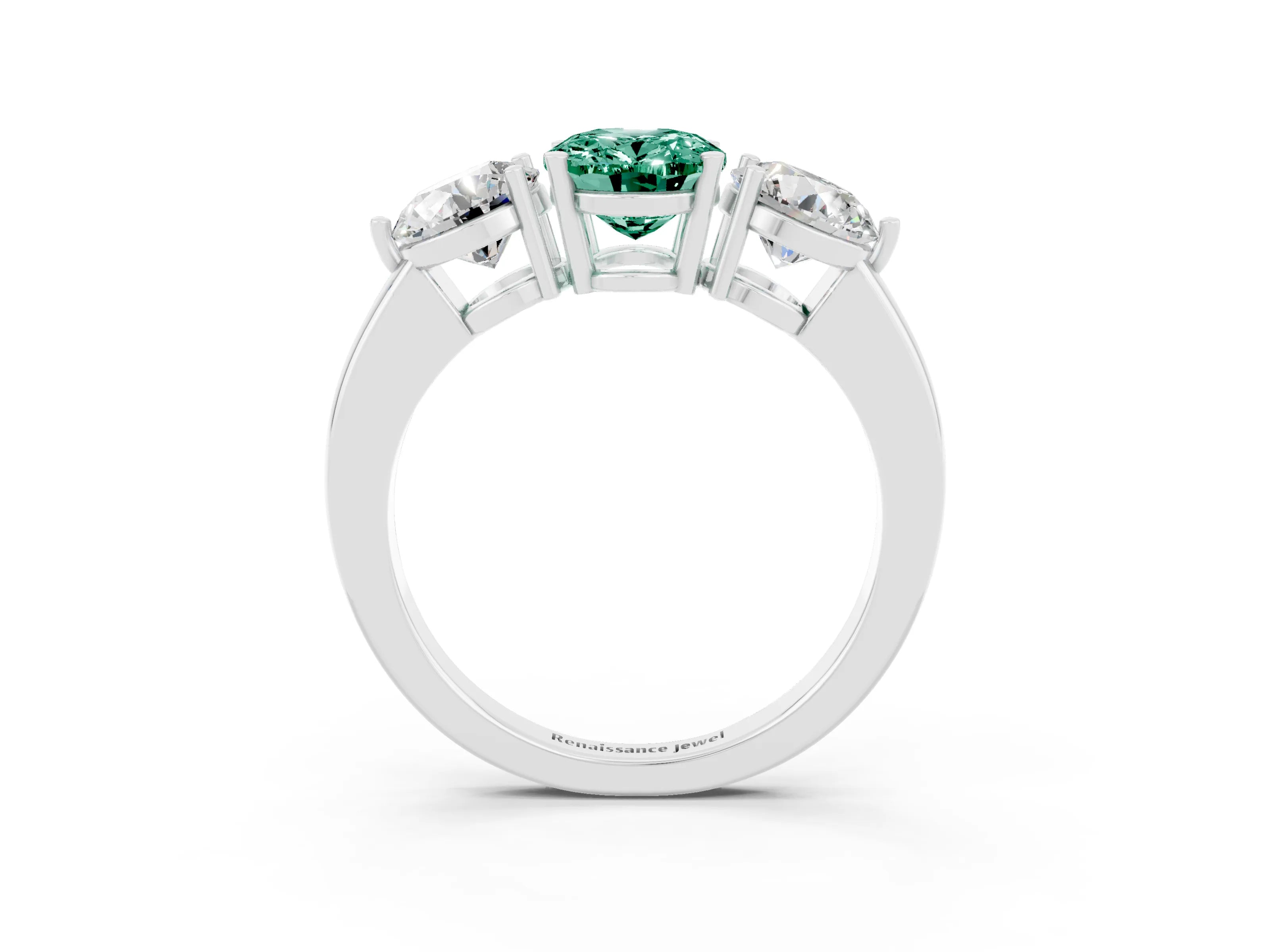 White gold Oval Cut Green Sapphire Three-Stone Ring with Prong Setting and Classic Band_3