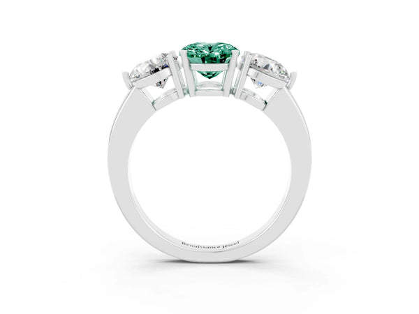 White gold Oval Cut Green Sapphire Three-Stone Ring with Prong Setting and Classic Band