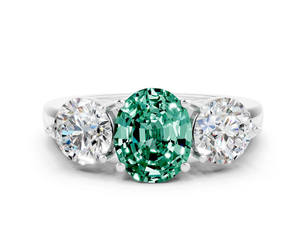 Silver Oval Cut Green Sapphire Three-Stone Ring with Prong Setting and Classic Band