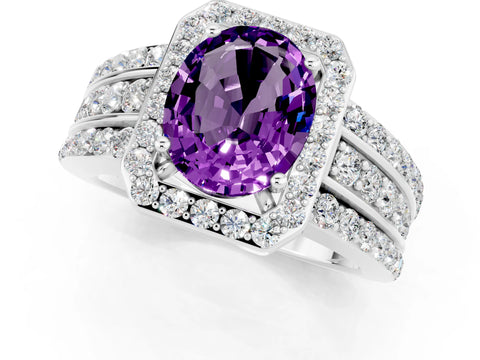 White gold Oval Cut Halo Amethyst Ring with Split Shank and Four-Prong Setting_1