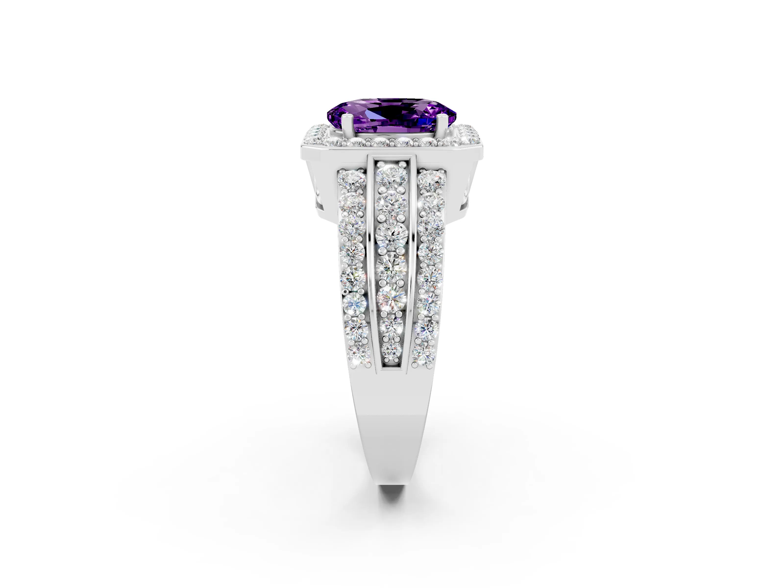 White gold Oval Cut Halo Amethyst Ring with Split Shank and Four-Prong Setting_2