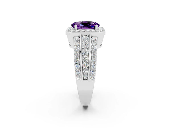 White gold Oval Cut Halo Amethyst Ring with Round  Split Shank and Prong Setting