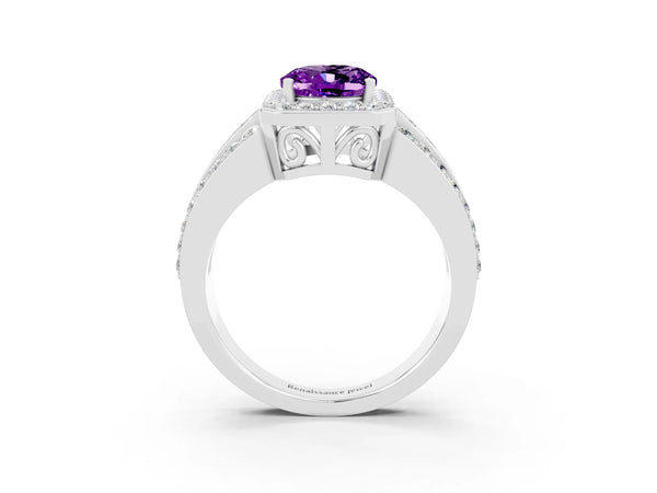 Platinum Oval Cut Halo Amethyst Ring with Round  Split Shank and Prong Setting