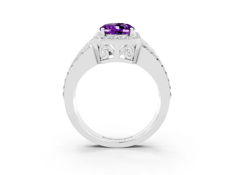 White gold Oval Cut Halo Amethyst Ring with Split Shank and Four-Prong Setting_3