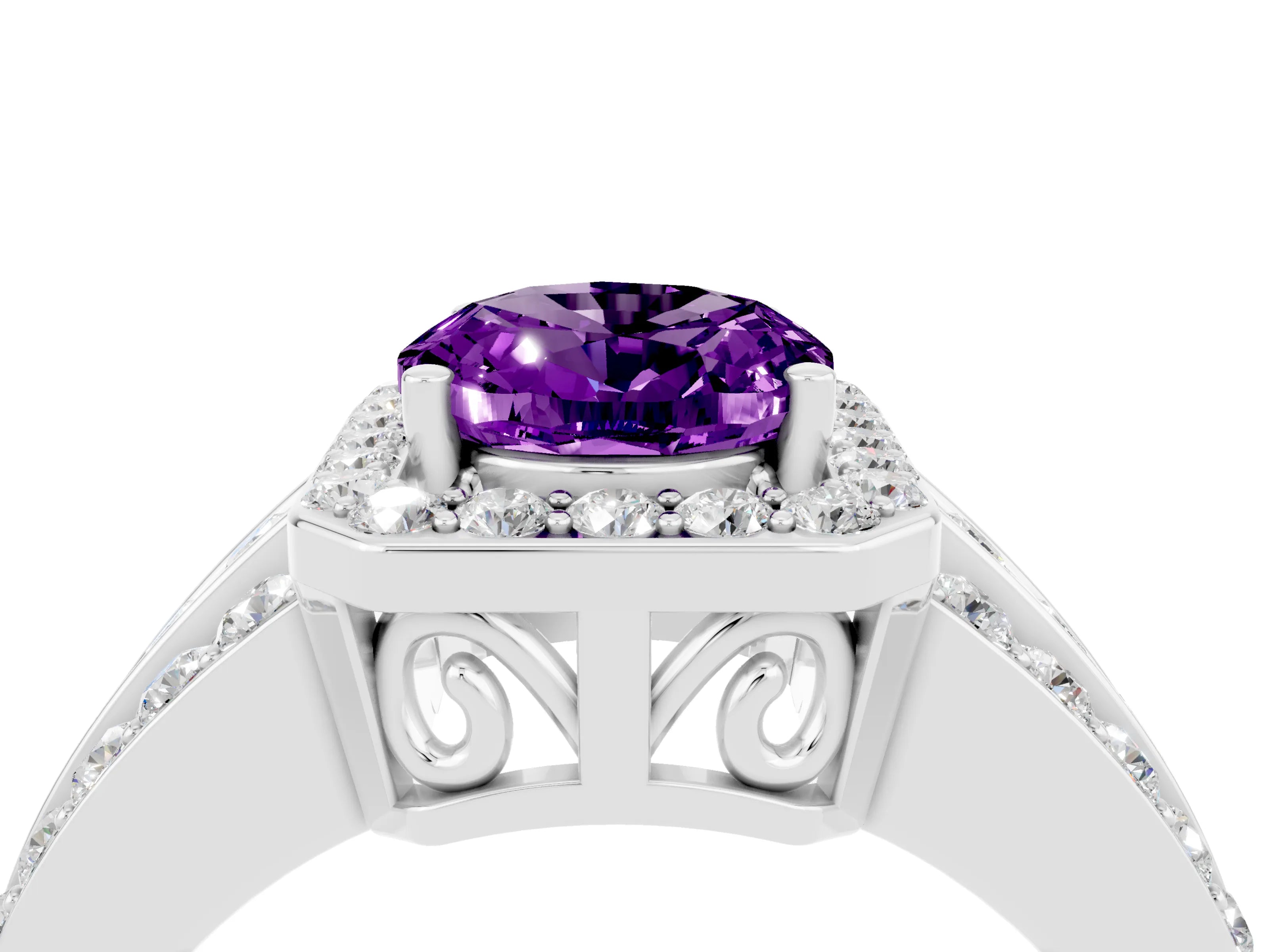 White gold Oval Cut Halo Amethyst Ring with Split Shank and Four-Prong Setting_4