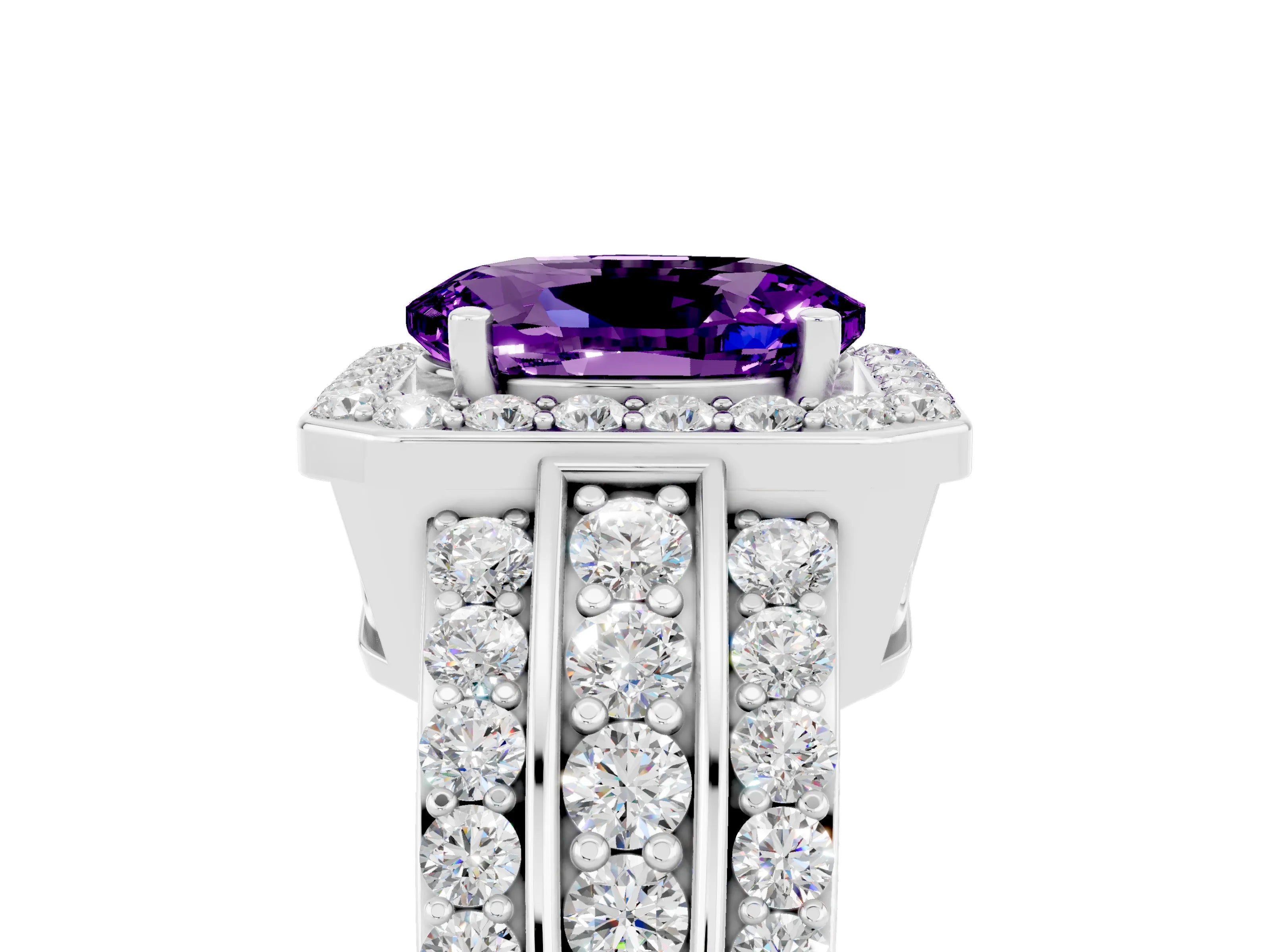 White gold Oval Cut Halo Amethyst Ring with Split Shank and Four-Prong Setting_5