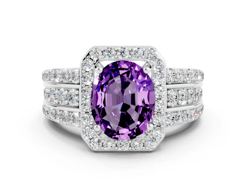 White gold Oval Cut Halo Amethyst Ring with Split Shank and Four-Prong Setting