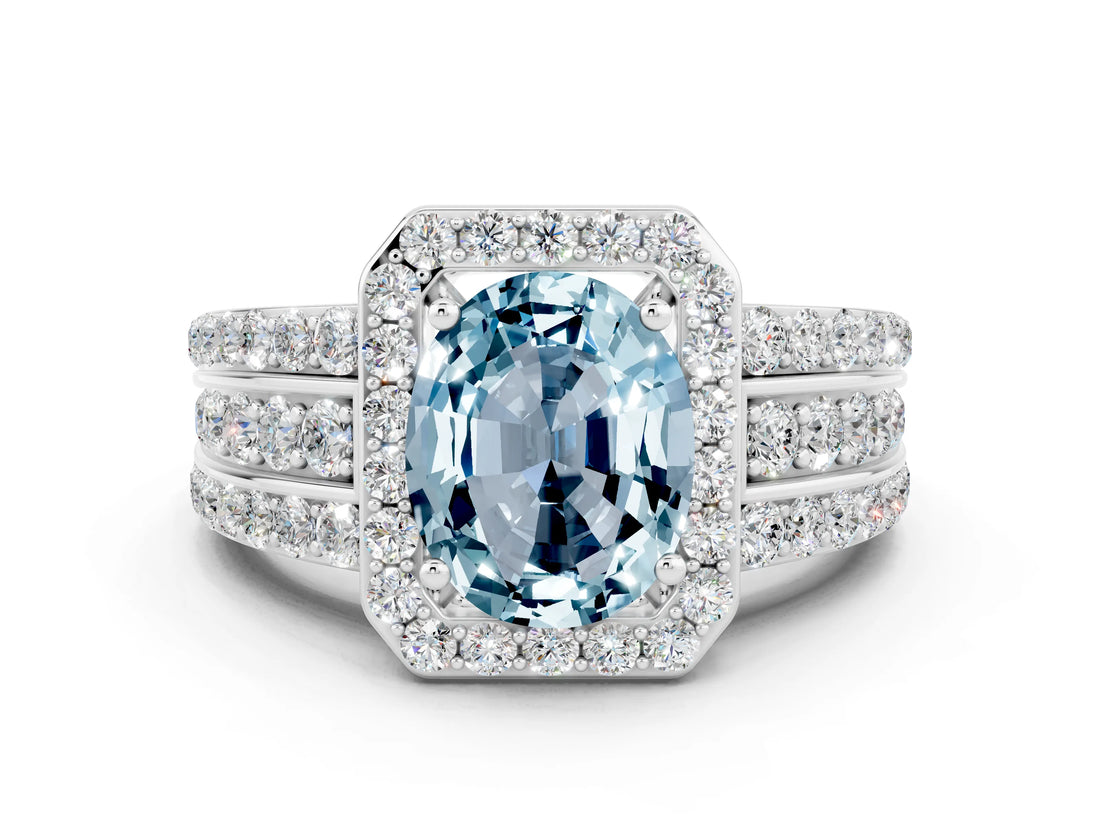 White gold Oval Cut Halo Aquamarine Ring with Split Shank and Four-Prong Setting