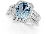 White gold Oval Cut Halo Aquamarine Ring with Split Shank and Four-Prong Setting_1