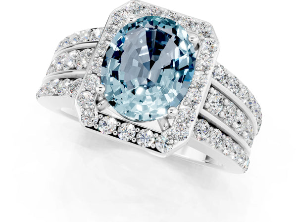 Silver Oval Cut Halo Aquamarine Ring with Round  Split Shank and Prong Setting