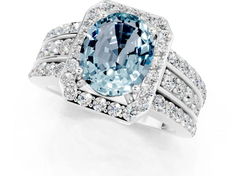 White gold Oval Cut Halo Aquamarine Ring with Split Shank and Four-Prong Setting_1