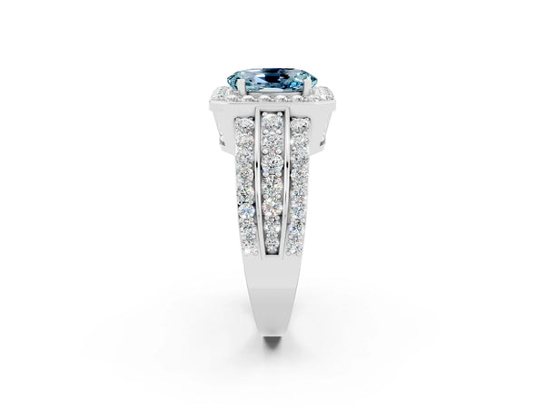 Platinum Oval Cut Halo Aquamarine Ring with Round  Split Shank and Prong Setting