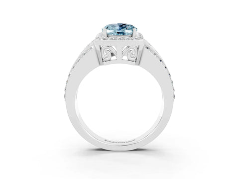 White gold Oval Cut Halo Aquamarine Ring with Split Shank and Four-Prong Setting_3