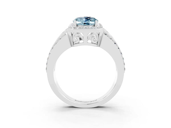 Silver Oval Cut Halo Aquamarine Ring with Round  Split Shank and Prong Setting