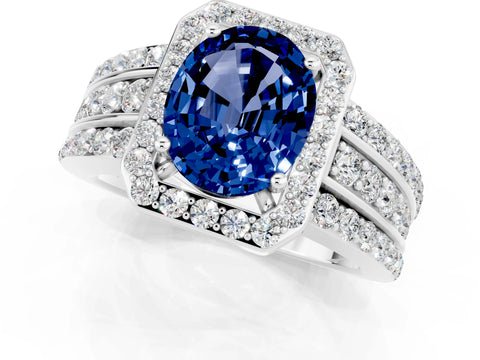 White gold Oval Cut Halo Blue Sapphire Ring with Split Shank and Four-Prong Setting_1
