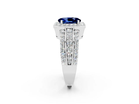 White gold Oval Cut Halo Blue Sapphire Ring with Split Shank and Four-Prong Setting_2