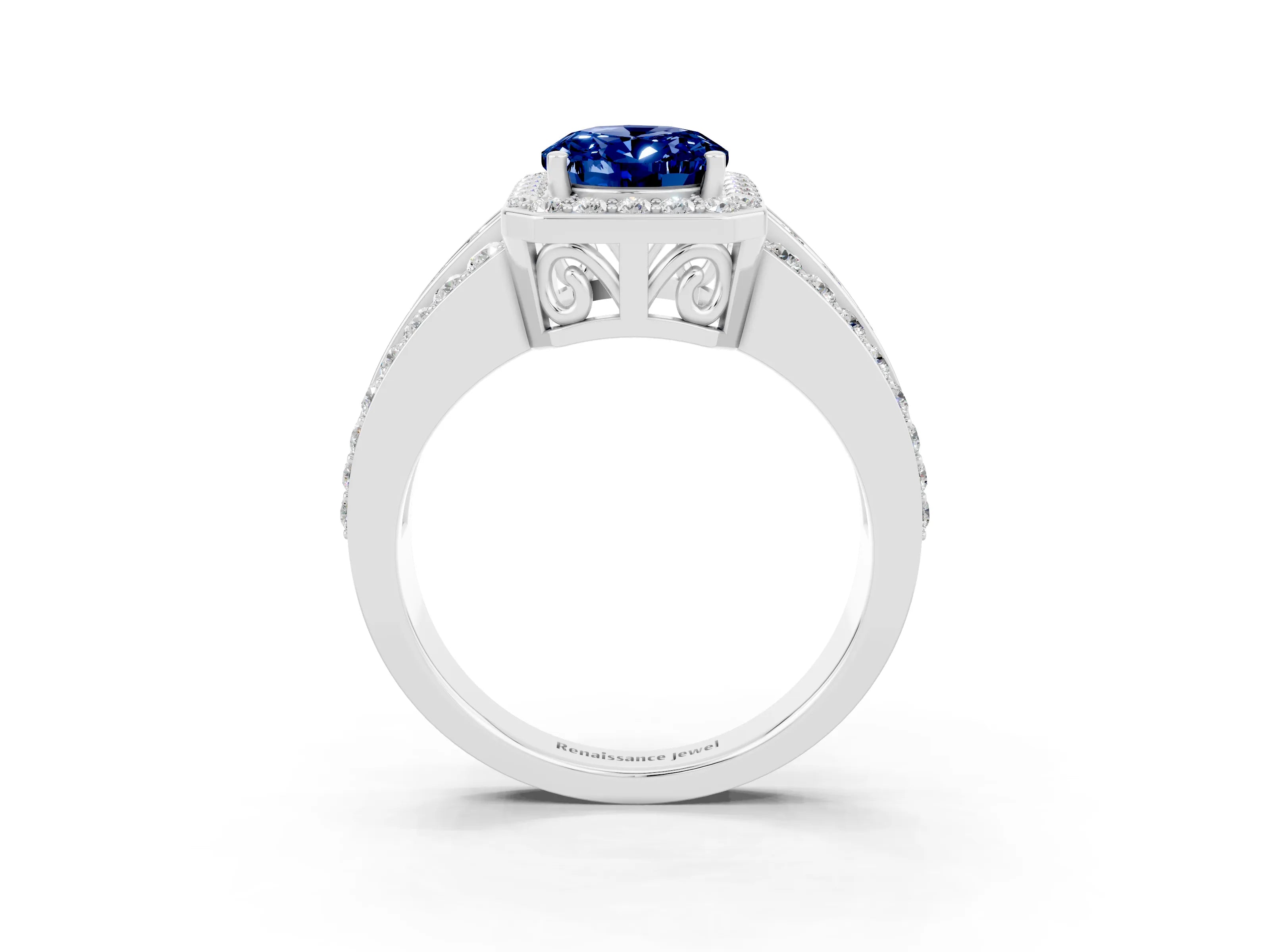 White gold Oval Cut Halo Blue Sapphire Ring with Split Shank and Four-Prong Setting_3