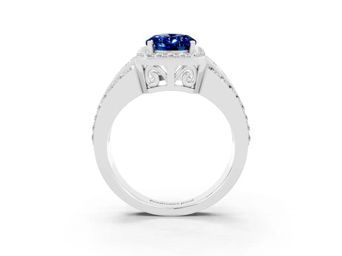 White gold Oval Cut Halo Blue Sapphire Ring with Split Shank and Four-Prong Setting_3