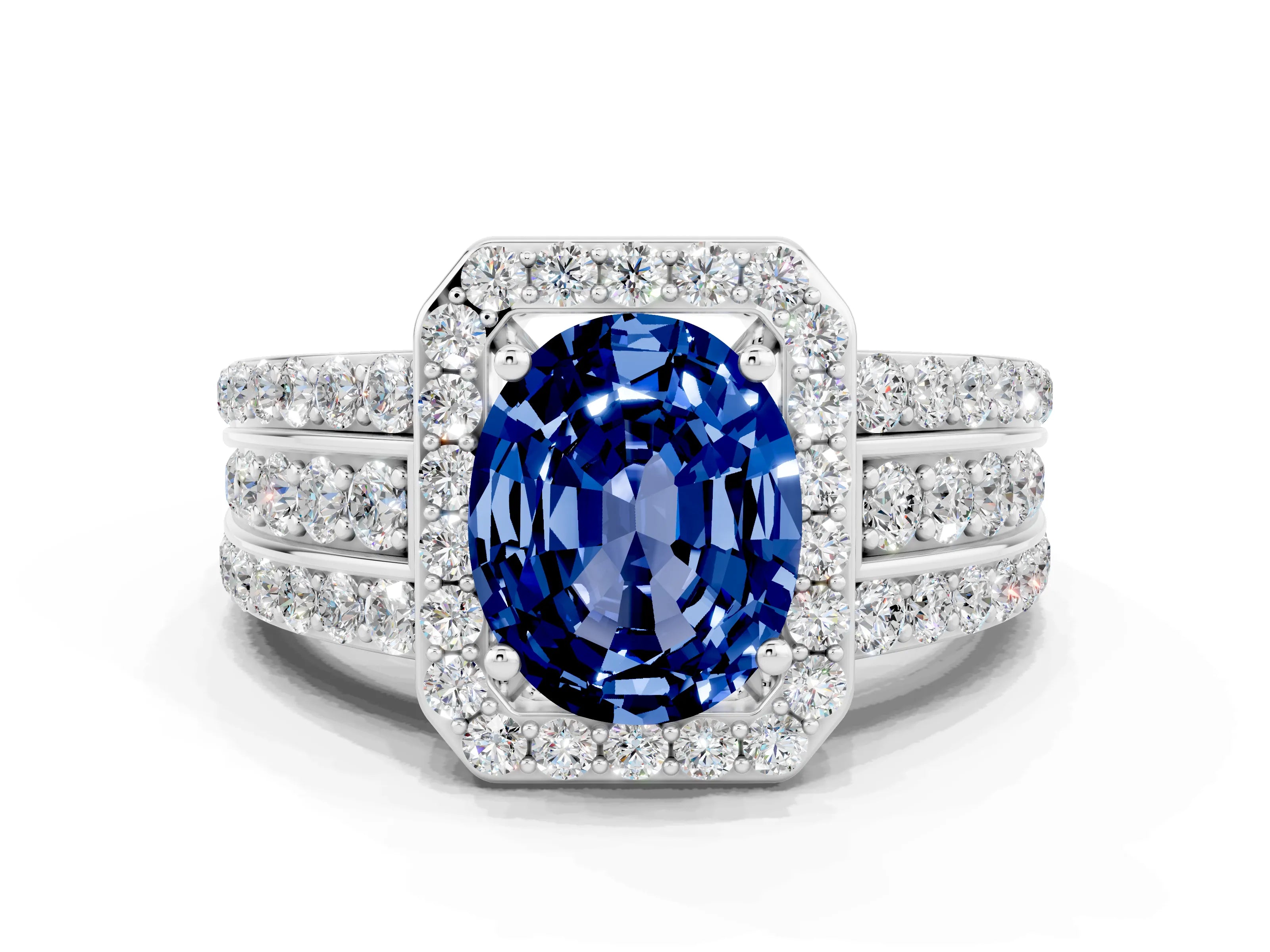 White gold Oval Cut Halo Blue Sapphire Ring with Split Shank and Four-Prong Setting