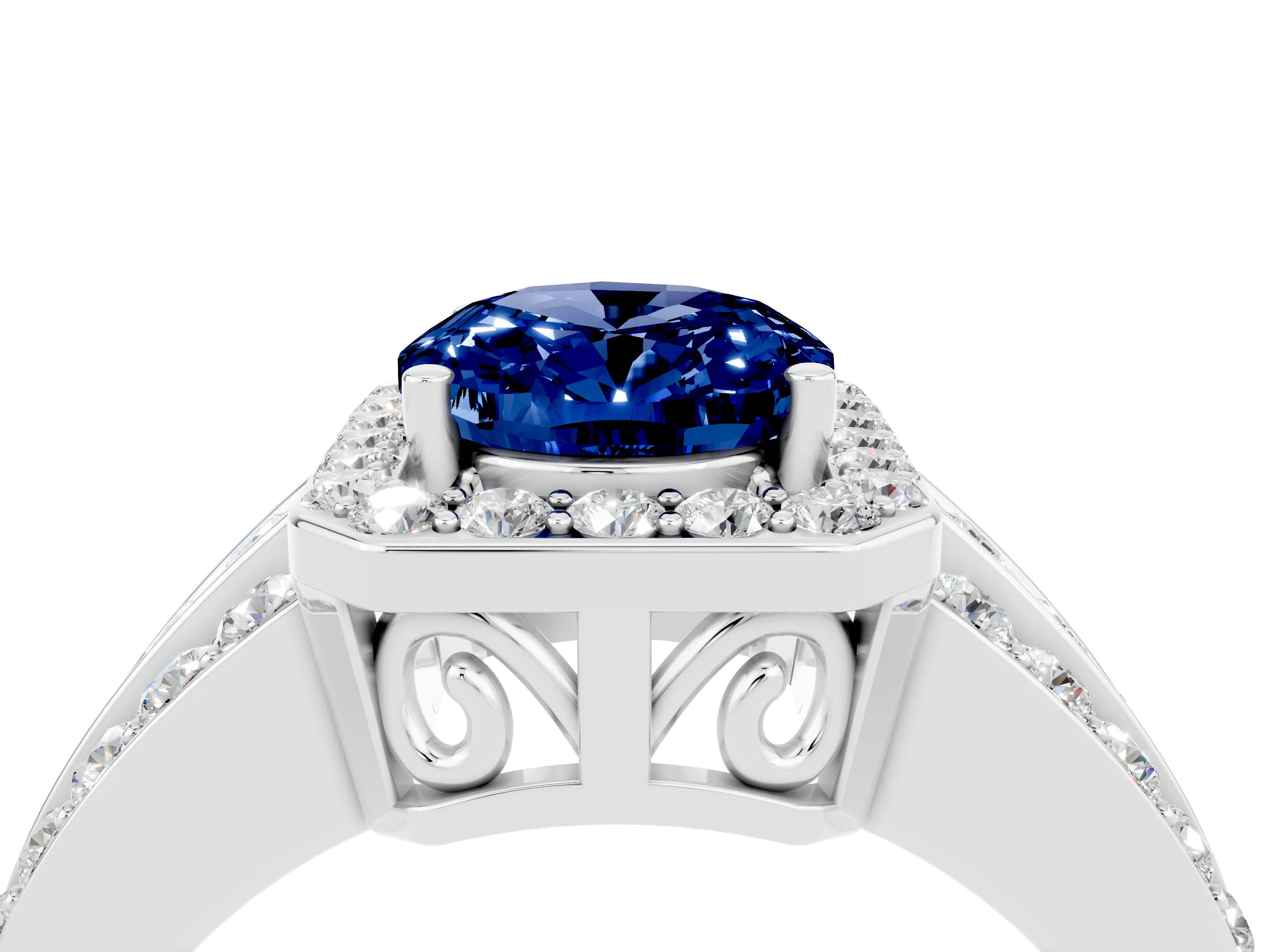 White gold Oval Cut Halo Blue Sapphire Ring with Split Shank and Four-Prong Setting_4