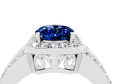 White gold Oval Cut Halo Blue Sapphire Ring with Split Shank and Four-Prong Setting_4