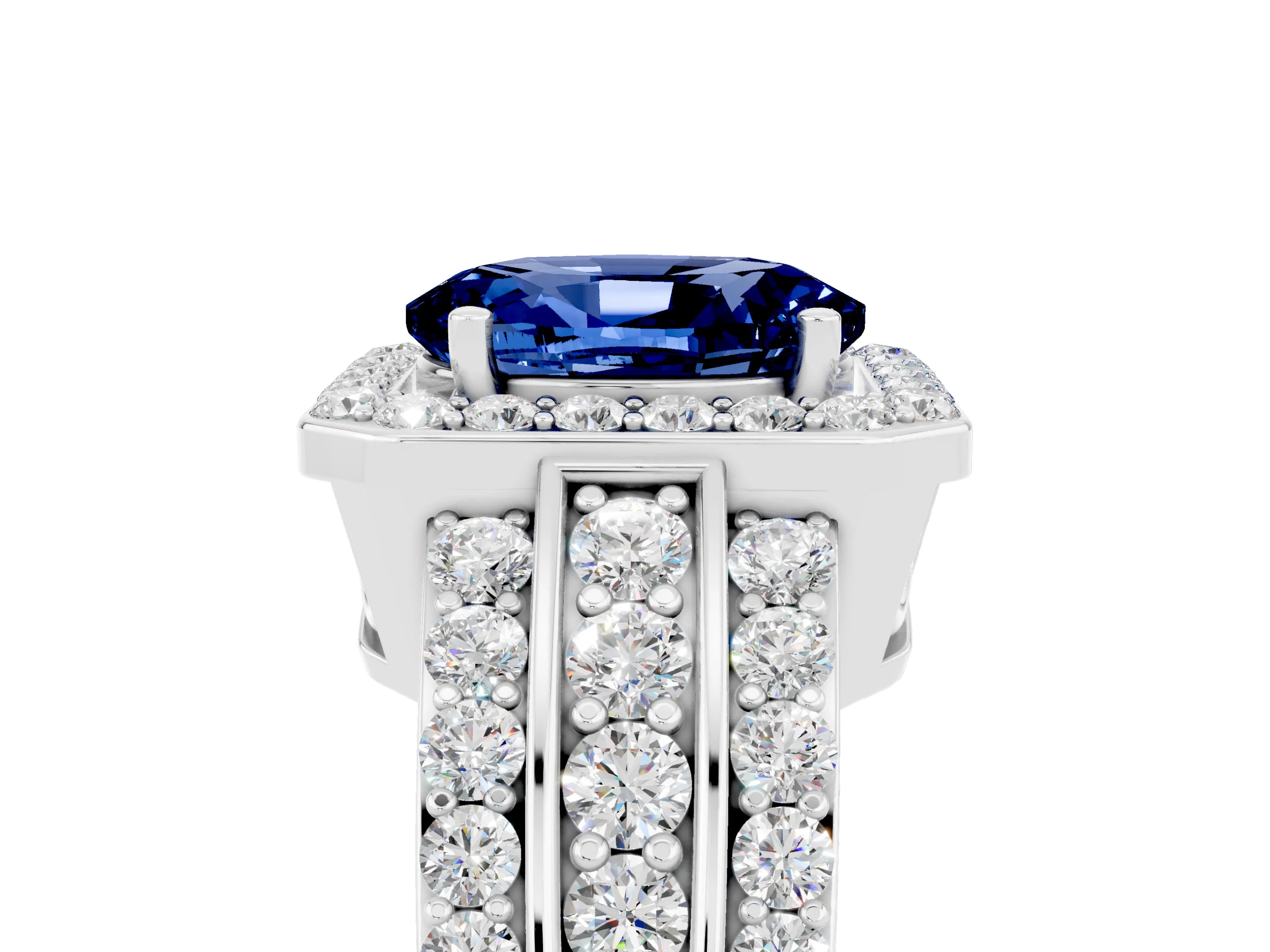 White gold Oval Cut Halo Blue Sapphire Ring with Split Shank and Four-Prong Setting_5