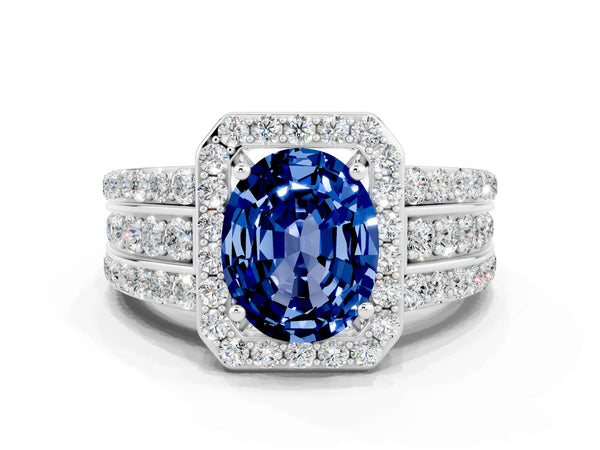 White gold Oval Cut Halo Blue Sapphire Ring with Round  Split Shank and Prong Setting