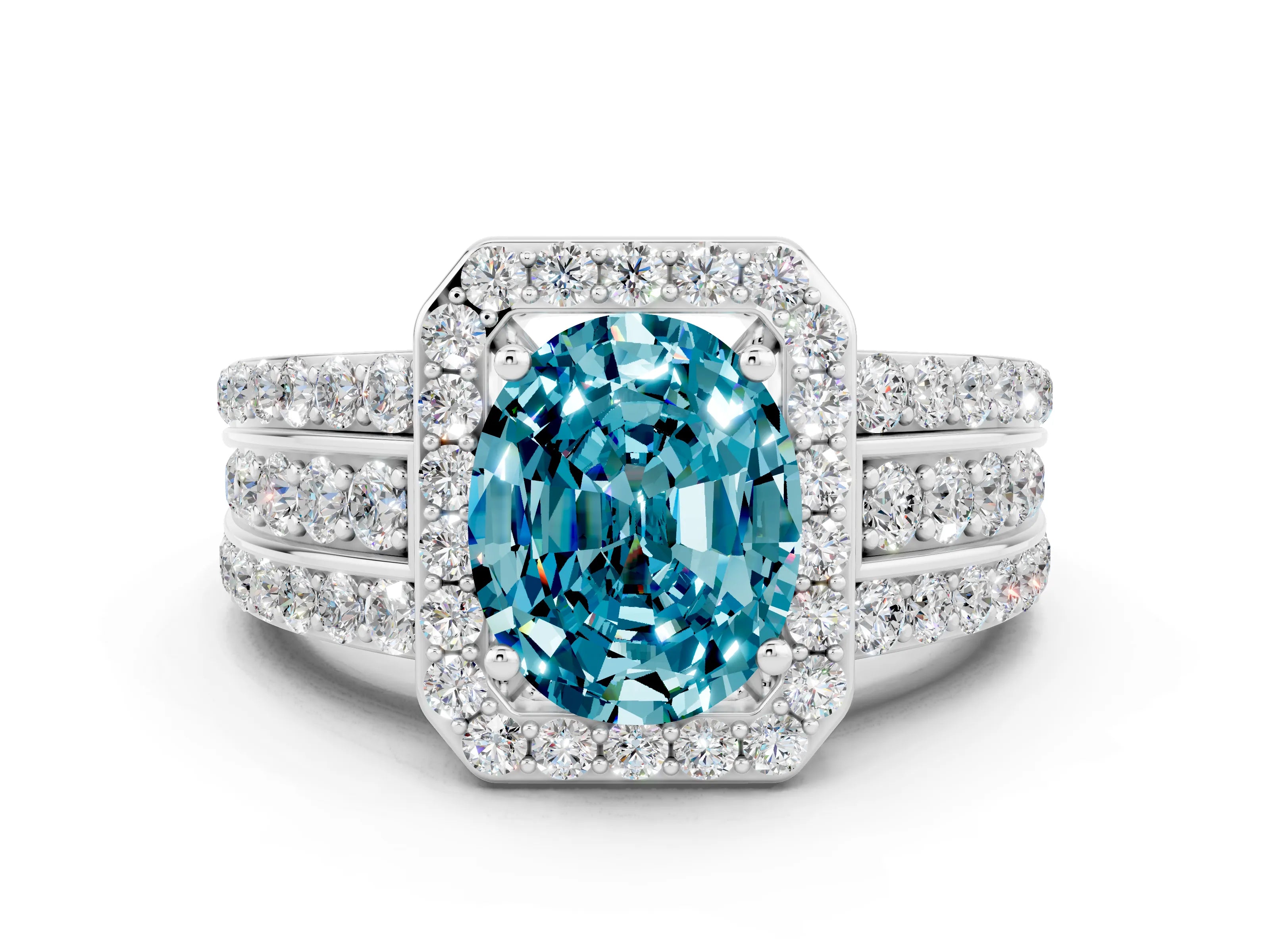 White gold Oval Cut Halo Blue Topaz Ring with Split Shank and Four-Prong Setting