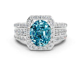 White gold Oval Cut Halo Blue Topaz Ring with Split Shank and Four-Prong Setting