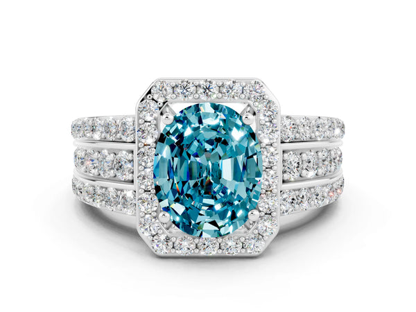 Platinum Oval Cut Halo Blue Topaz Ring with Round  Split Shank and Prong Setting